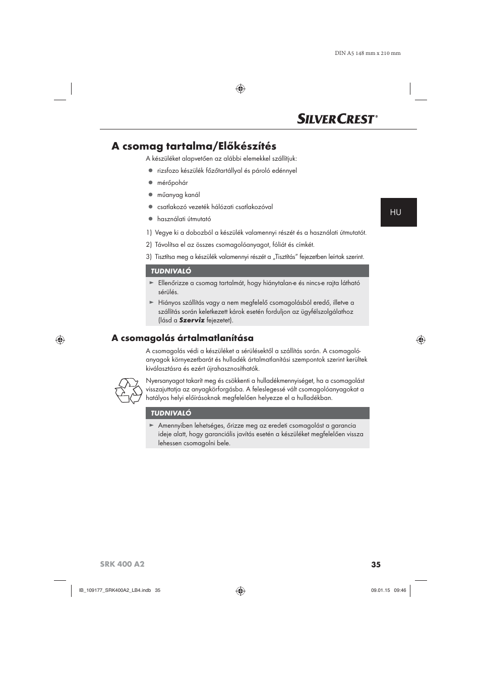 A csomag tartalma/előkészítés, A csomagolás ártalmatlanítása | Silvercrest SRK 400 A2 User Manual | Page 38 / 100