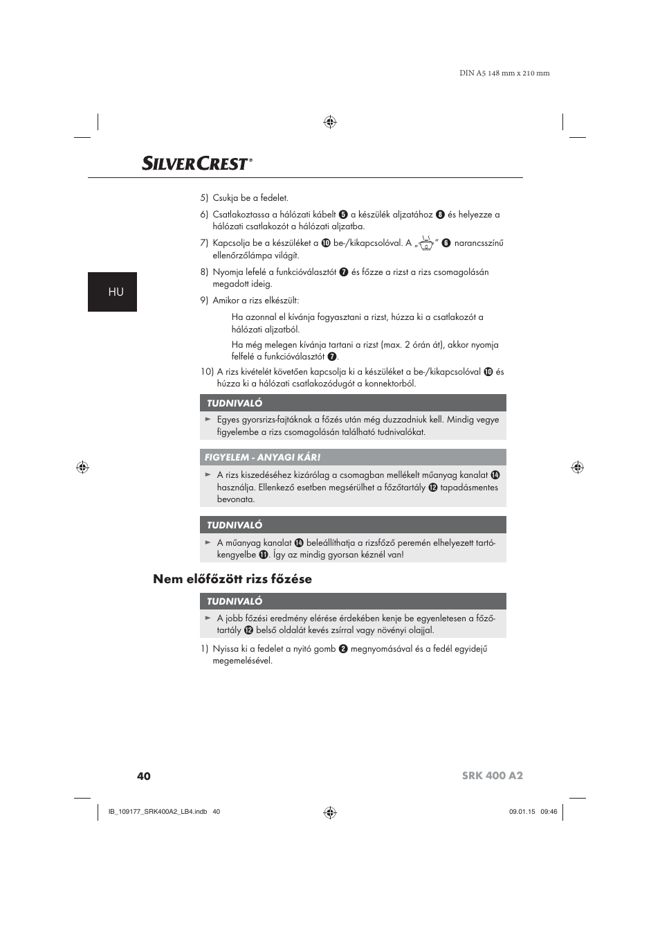 Nem előfőzött rizs főzése | Silvercrest SRK 400 A2 User Manual | Page 43 / 100