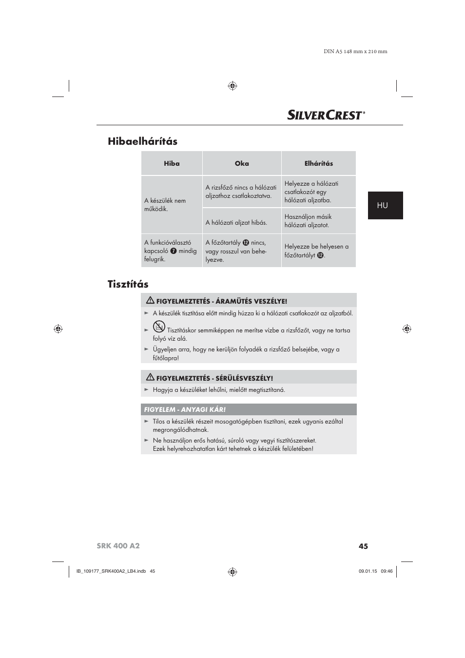 Hibaelhárítás, Tisztítás | Silvercrest SRK 400 A2 User Manual | Page 48 / 100