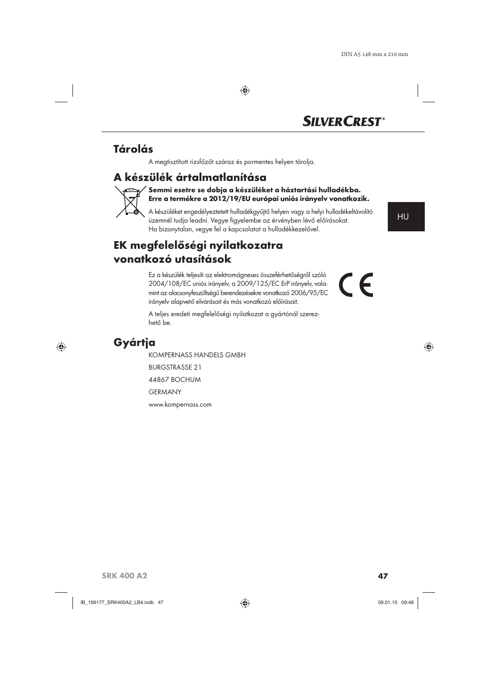 Tárolás, A készülék ártalmatlanítása, Gyártja | Silvercrest SRK 400 A2 User Manual | Page 50 / 100