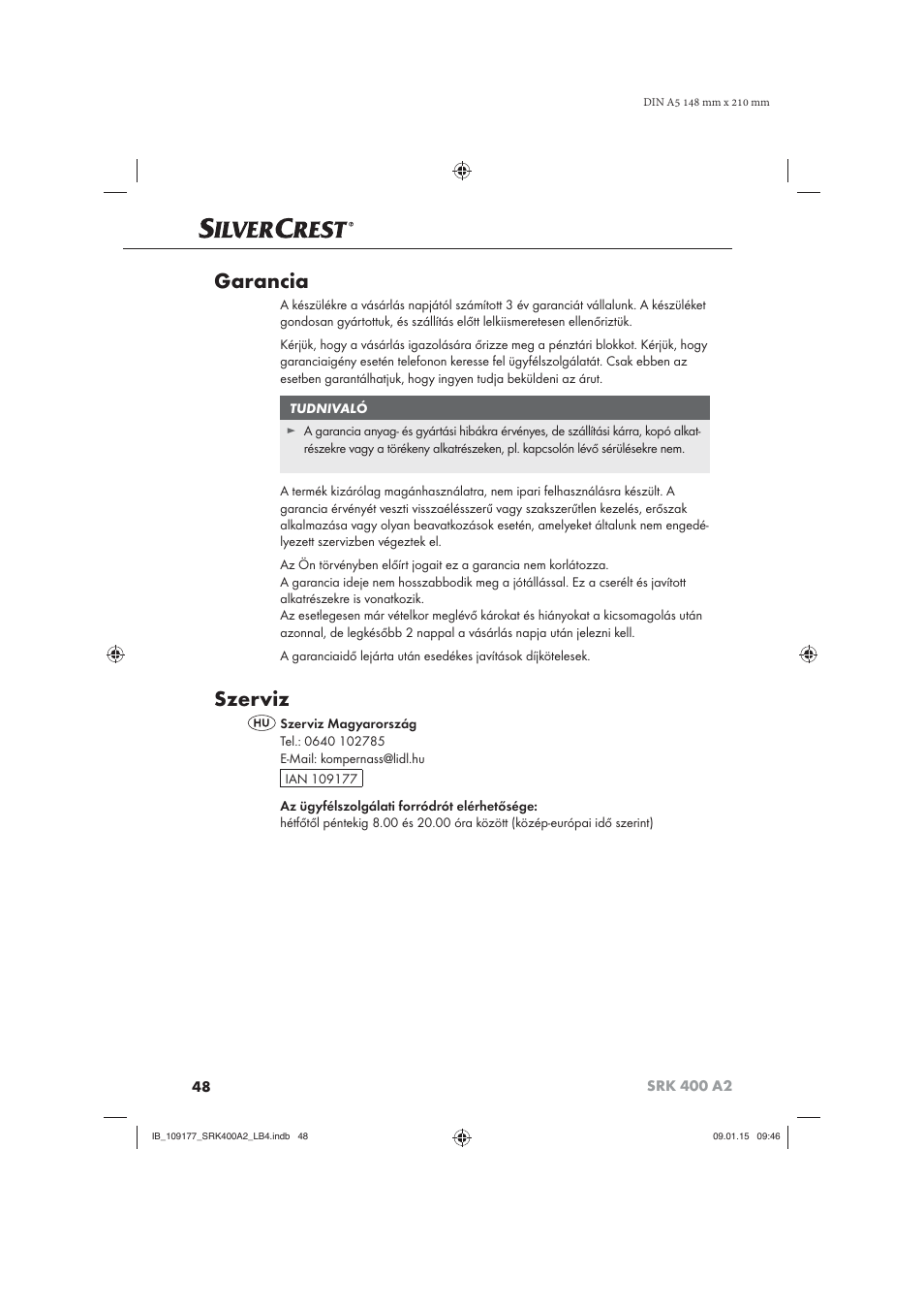 Garancia, Szerviz | Silvercrest SRK 400 A2 User Manual | Page 51 / 100