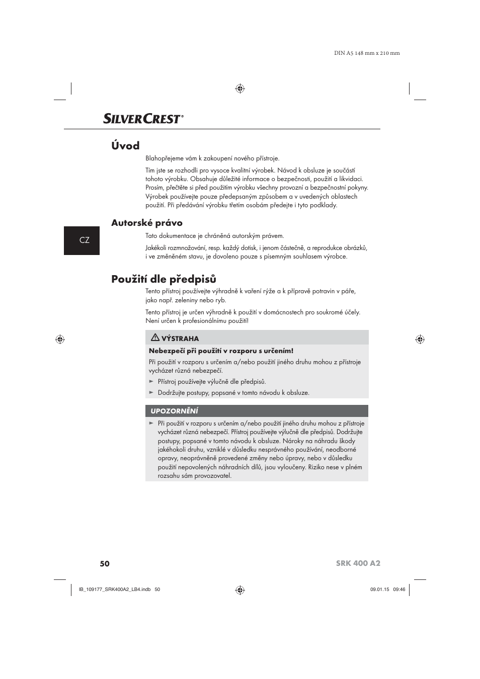 Úvod, Použití dle předpisů, Autorské právo | Silvercrest SRK 400 A2 User Manual | Page 53 / 100