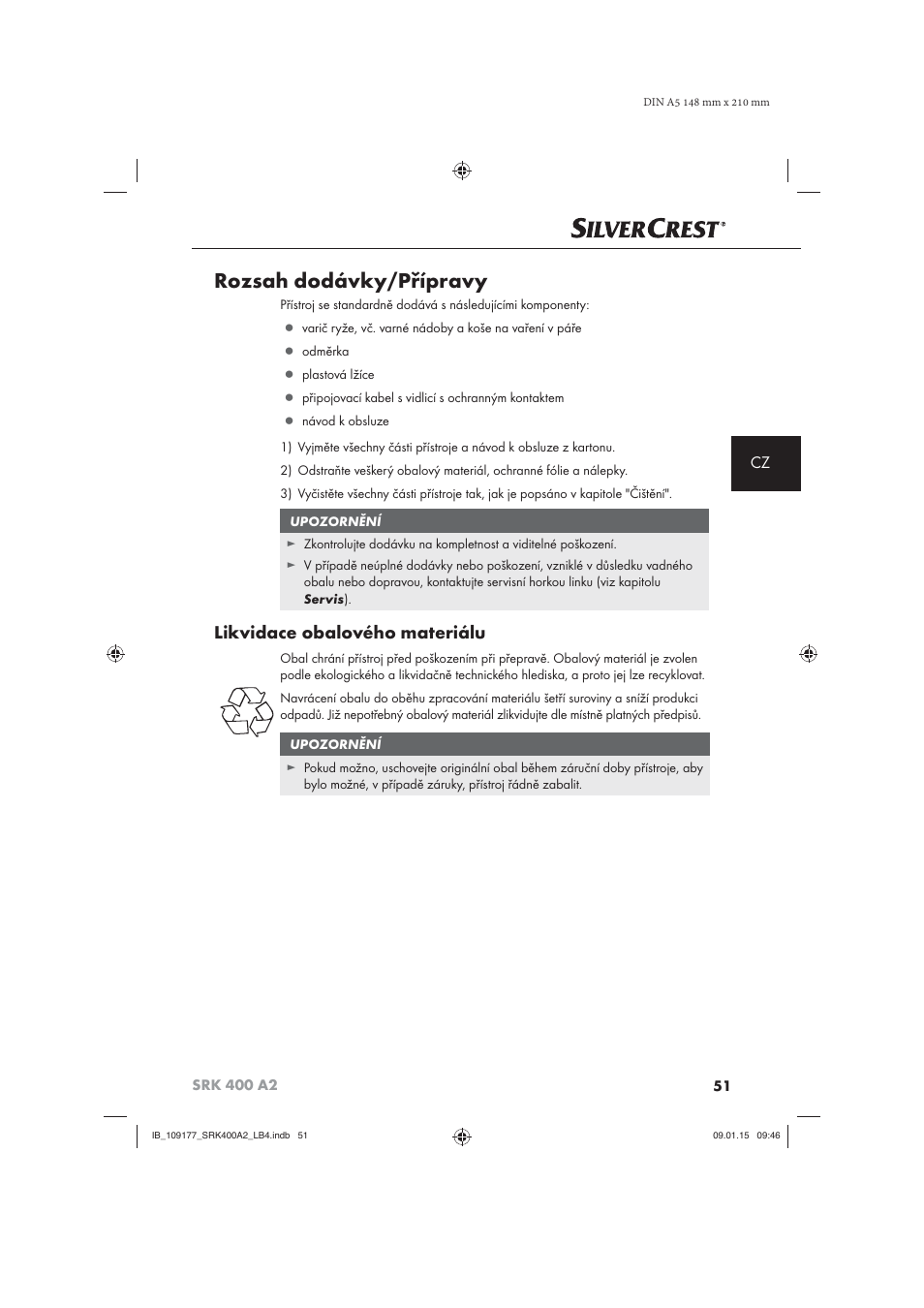 Rozsah dodávky/přípravy, Likvidace obalového materiálu | Silvercrest SRK 400 A2 User Manual | Page 54 / 100