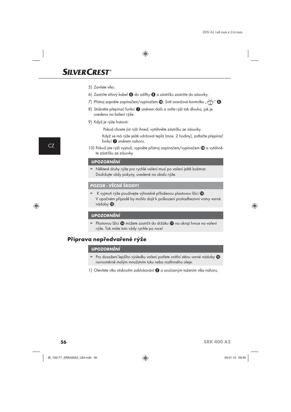 Příprava nepředvařené rýže | Silvercrest SRK 400 A2 User Manual | Page 59 / 100