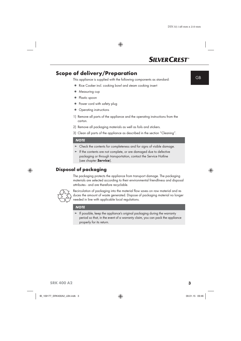 Scope of delivery/preparation, Disposal of packaging | Silvercrest SRK 400 A2 User Manual | Page 6 / 100