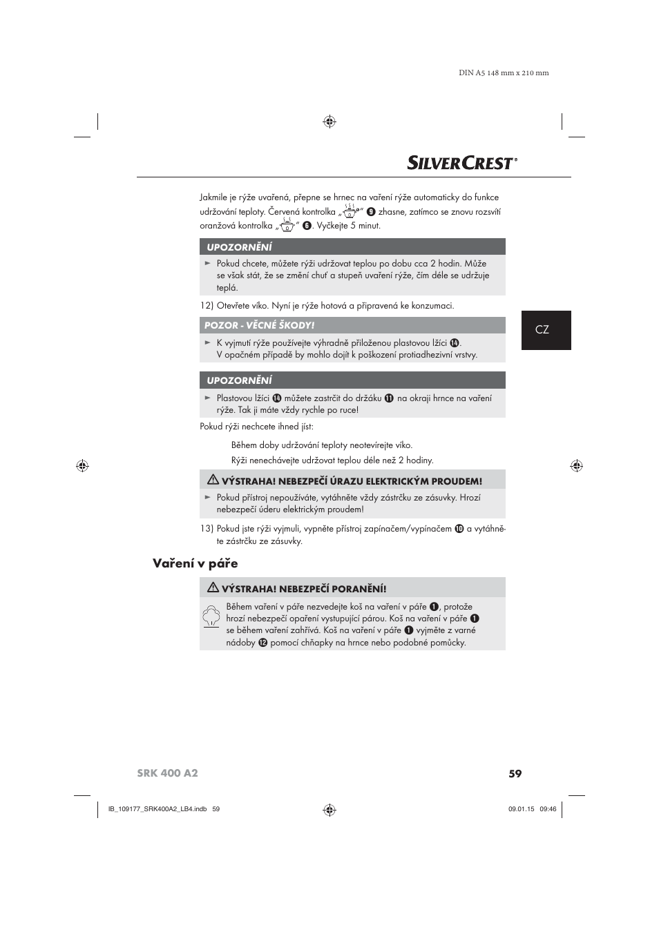 Vaření v páře | Silvercrest SRK 400 A2 User Manual | Page 62 / 100