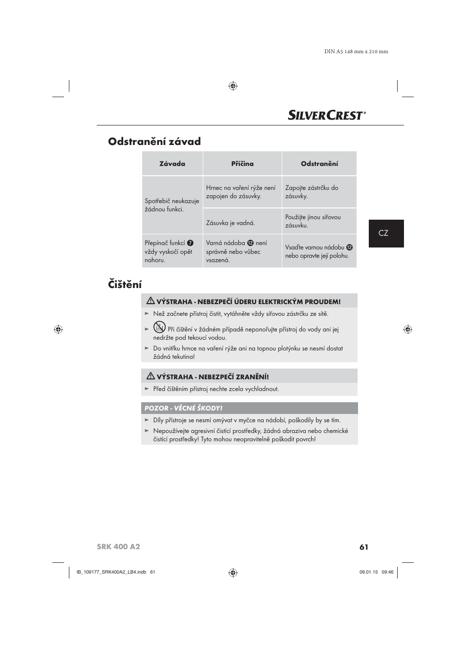 Odstranění závad, Čištění | Silvercrest SRK 400 A2 User Manual | Page 64 / 100