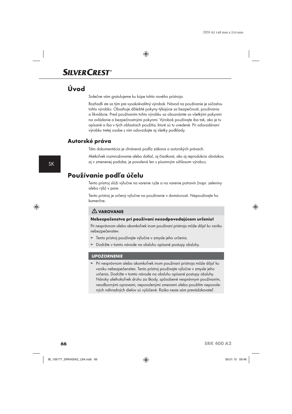 Úvod, Používanie podľa účelu, Autorské práva | Silvercrest SRK 400 A2 User Manual | Page 69 / 100