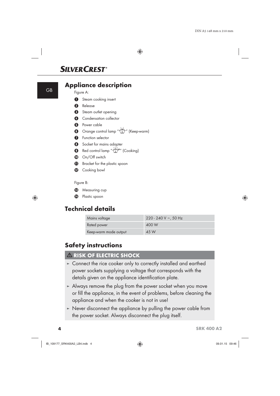 Appliance description, Technical details, Safety instructions | Risk of electric shock | Silvercrest SRK 400 A2 User Manual | Page 7 / 100