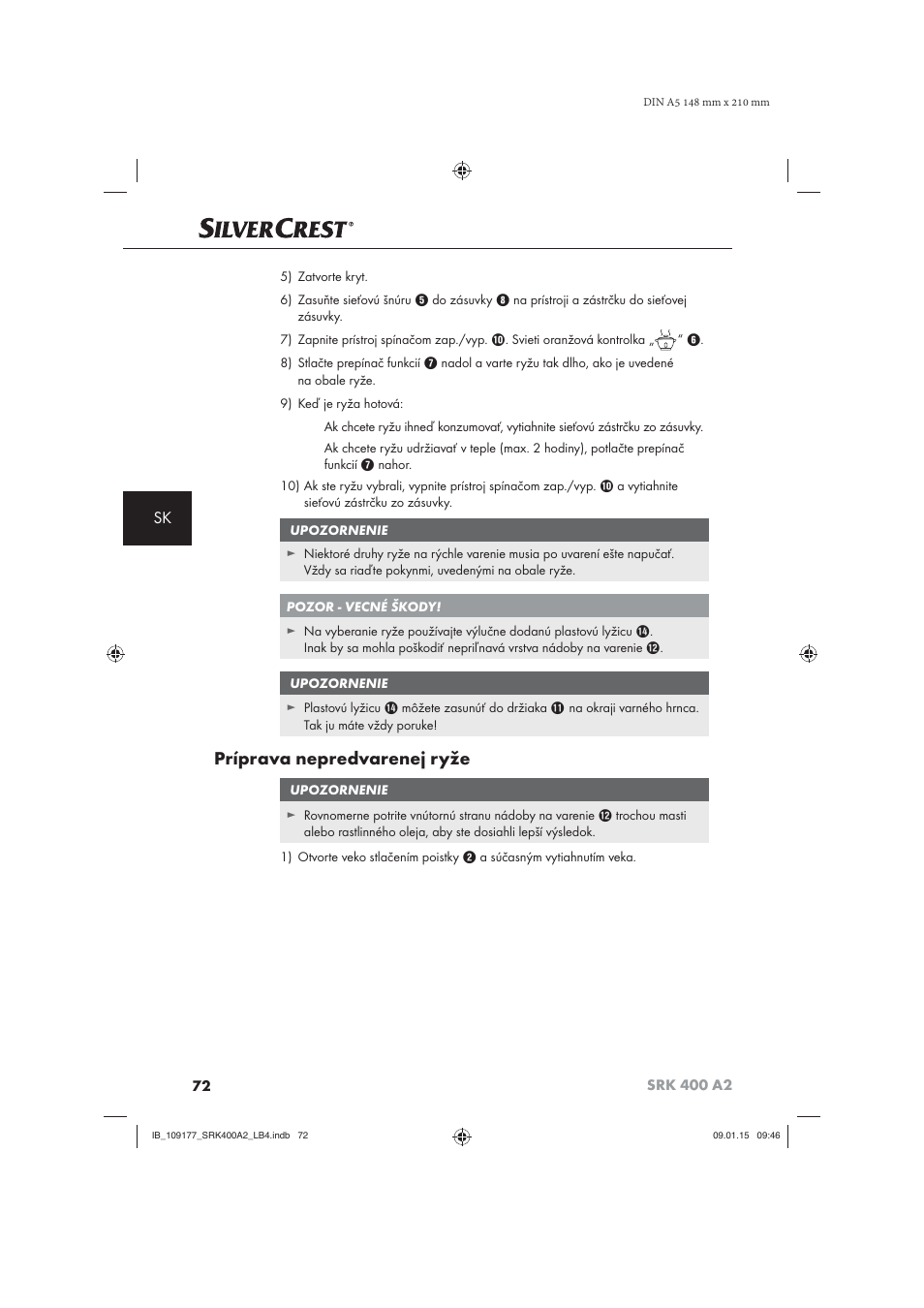 Príprava nepredvarenej ryže | Silvercrest SRK 400 A2 User Manual | Page 75 / 100