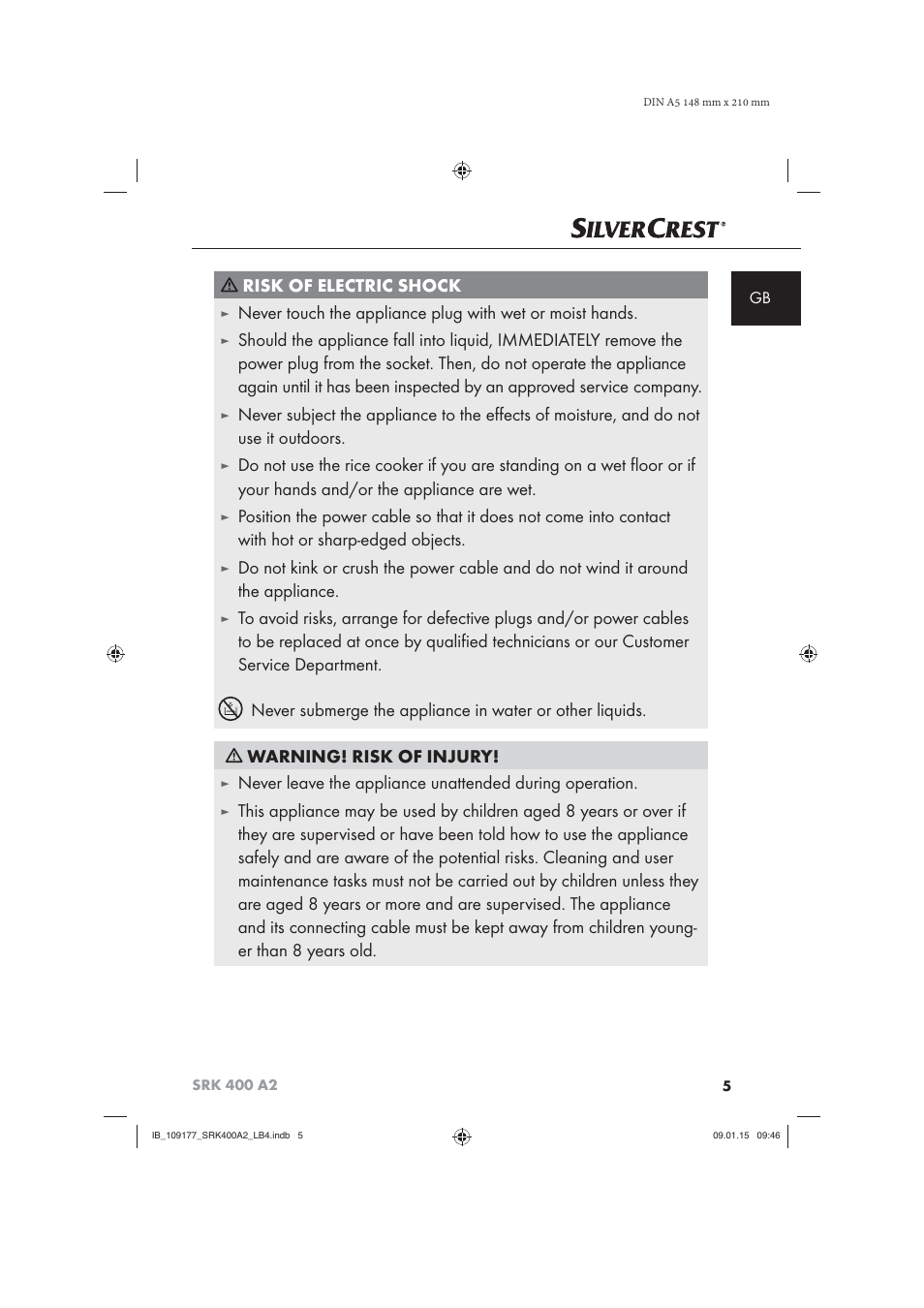 Risk of electric shock | Silvercrest SRK 400 A2 User Manual | Page 8 / 100