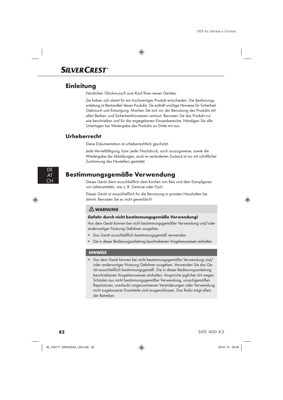 Einleitung, Bestimmungsgemäße verwendung, Urheberrecht | De at ch | Silvercrest SRK 400 A2 User Manual | Page 85 / 100