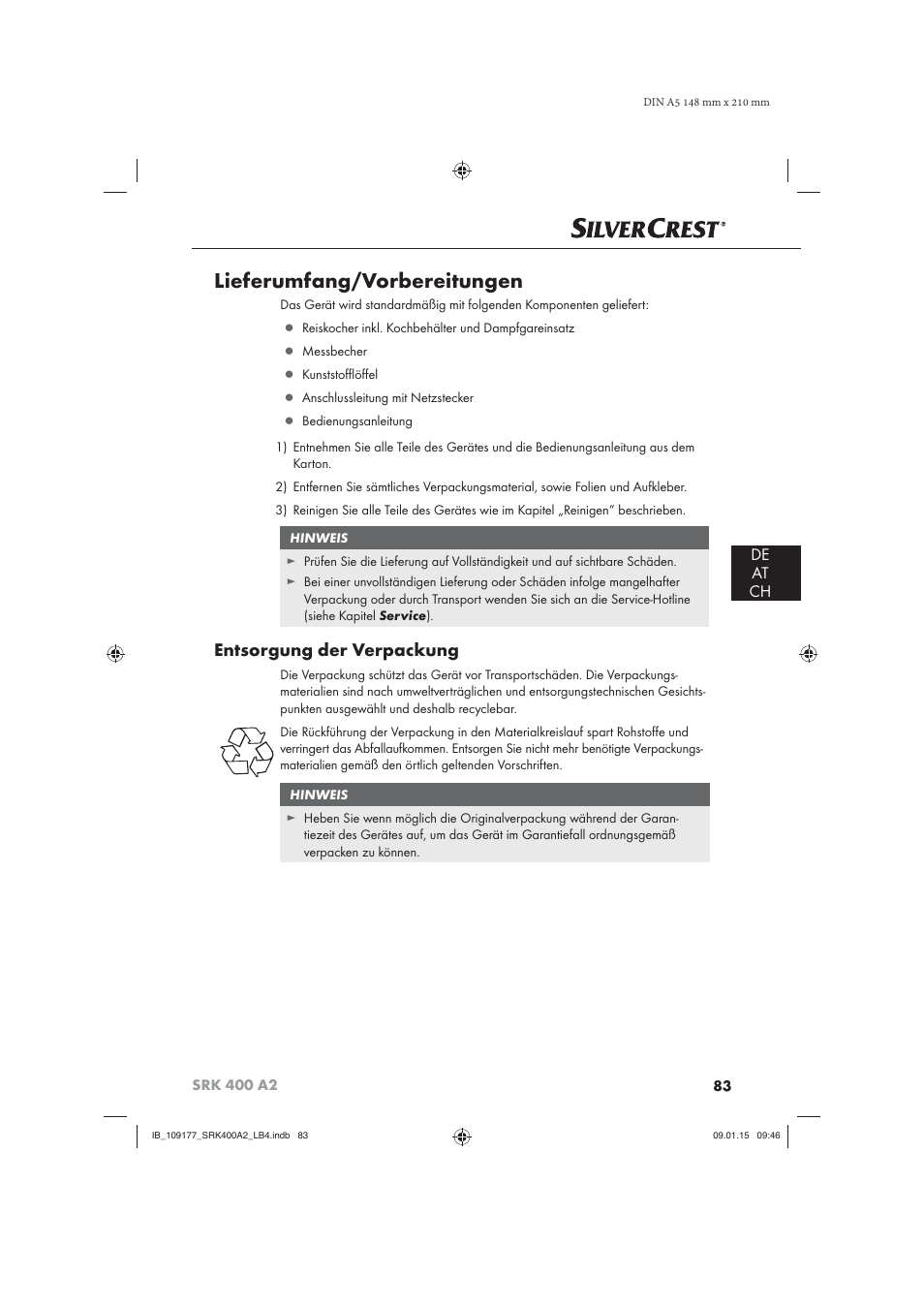 Lieferumfang/vorbereitungen, Entsorgung der verpackung, De at ch | Silvercrest SRK 400 A2 User Manual | Page 86 / 100