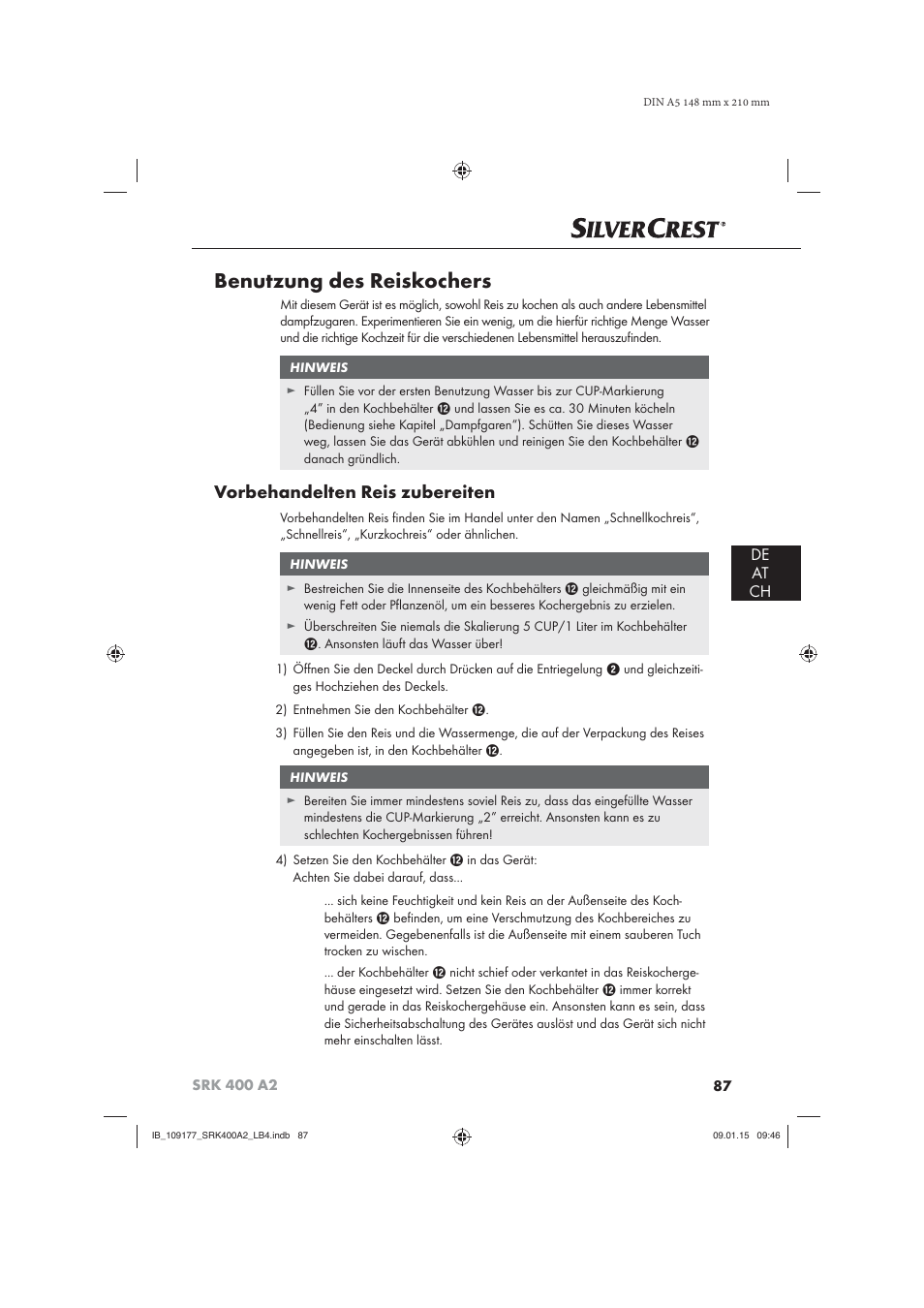 Benutzung des reiskochers, Vorbehandelten reis zubereiten, De at ch | Silvercrest SRK 400 A2 User Manual | Page 90 / 100