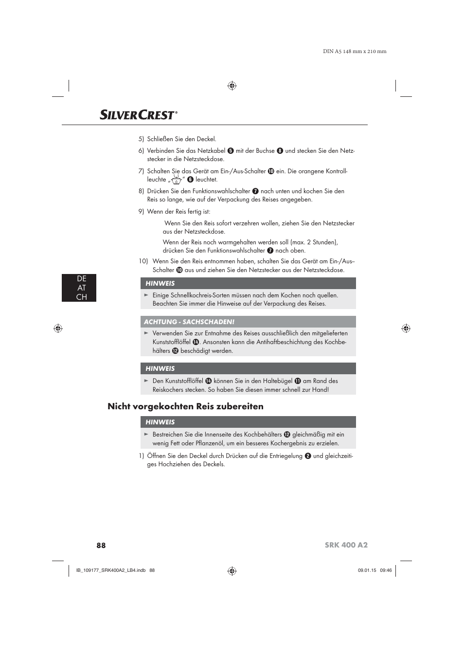 Nicht vorgekochten reis zubereiten, De at ch | Silvercrest SRK 400 A2 User Manual | Page 91 / 100