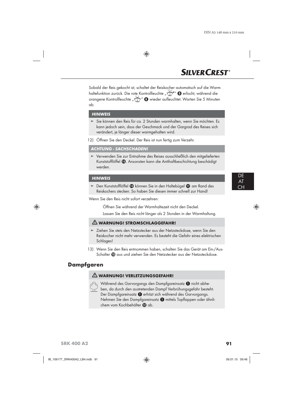 Dampfgaren, De at ch | Silvercrest SRK 400 A2 User Manual | Page 94 / 100