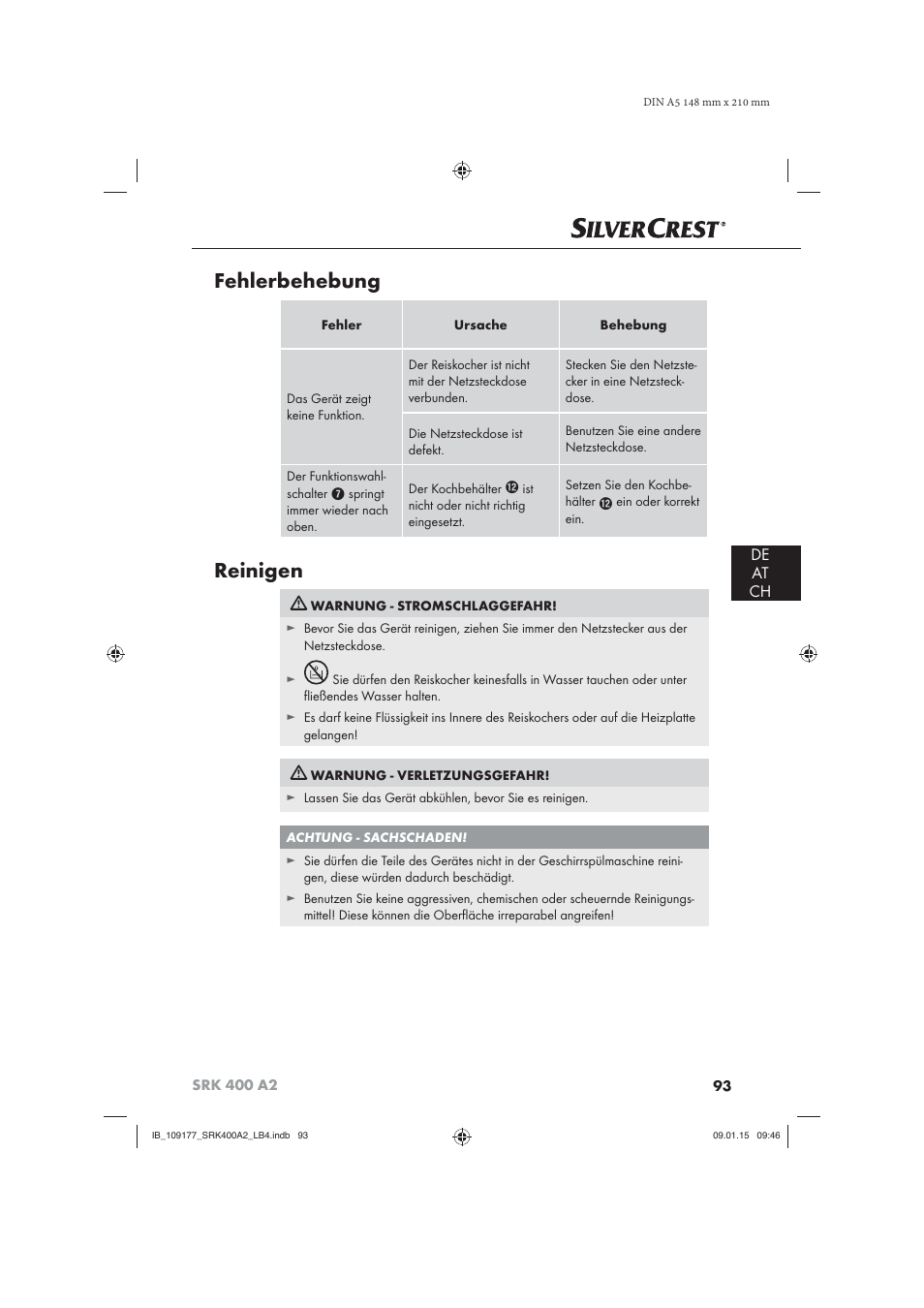 Fehlerbehebung, Reinigen, De at ch | Silvercrest SRK 400 A2 User Manual | Page 96 / 100