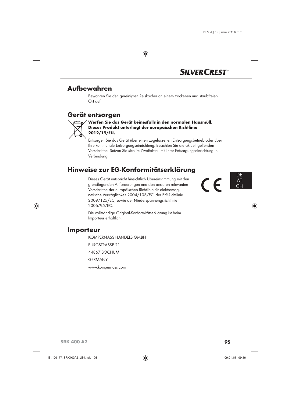 Aufbewahren, Gerät entsorgen, Hinweise zur eg-konformitätserklärung | Importeur, De at ch | Silvercrest SRK 400 A2 User Manual | Page 98 / 100