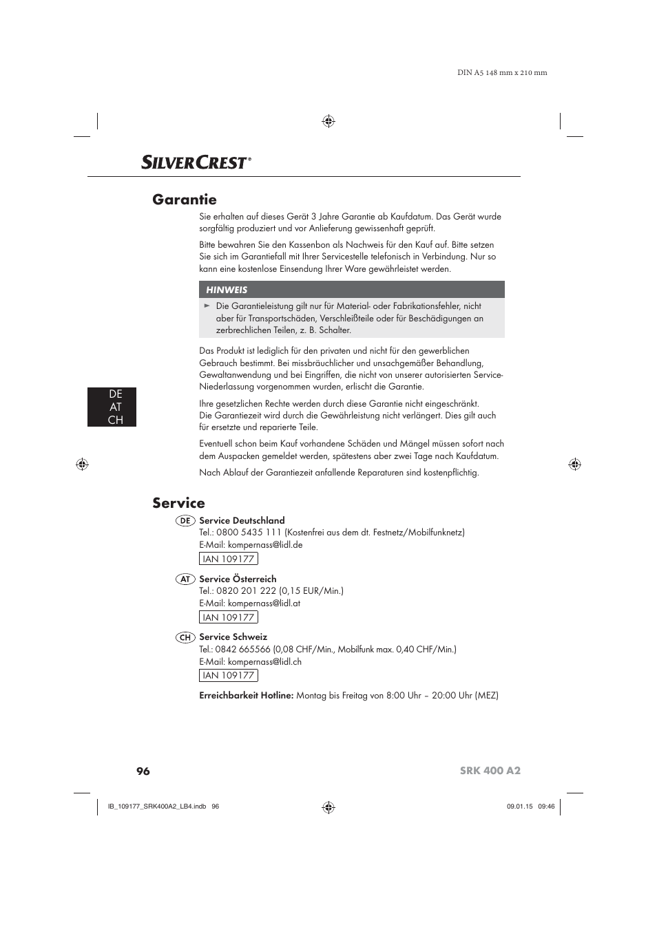 Garantie, Service, De at ch | Silvercrest SRK 400 A2 User Manual | Page 99 / 100