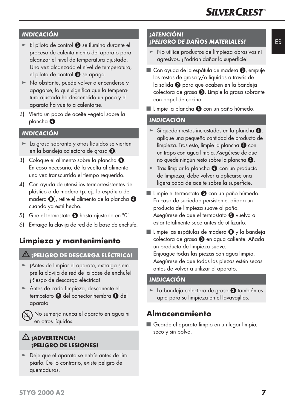 Limpieza y mantenimiento, Almacenamiento | Silvercrest STYG 2000 A2 User Manual | Page 10 / 53