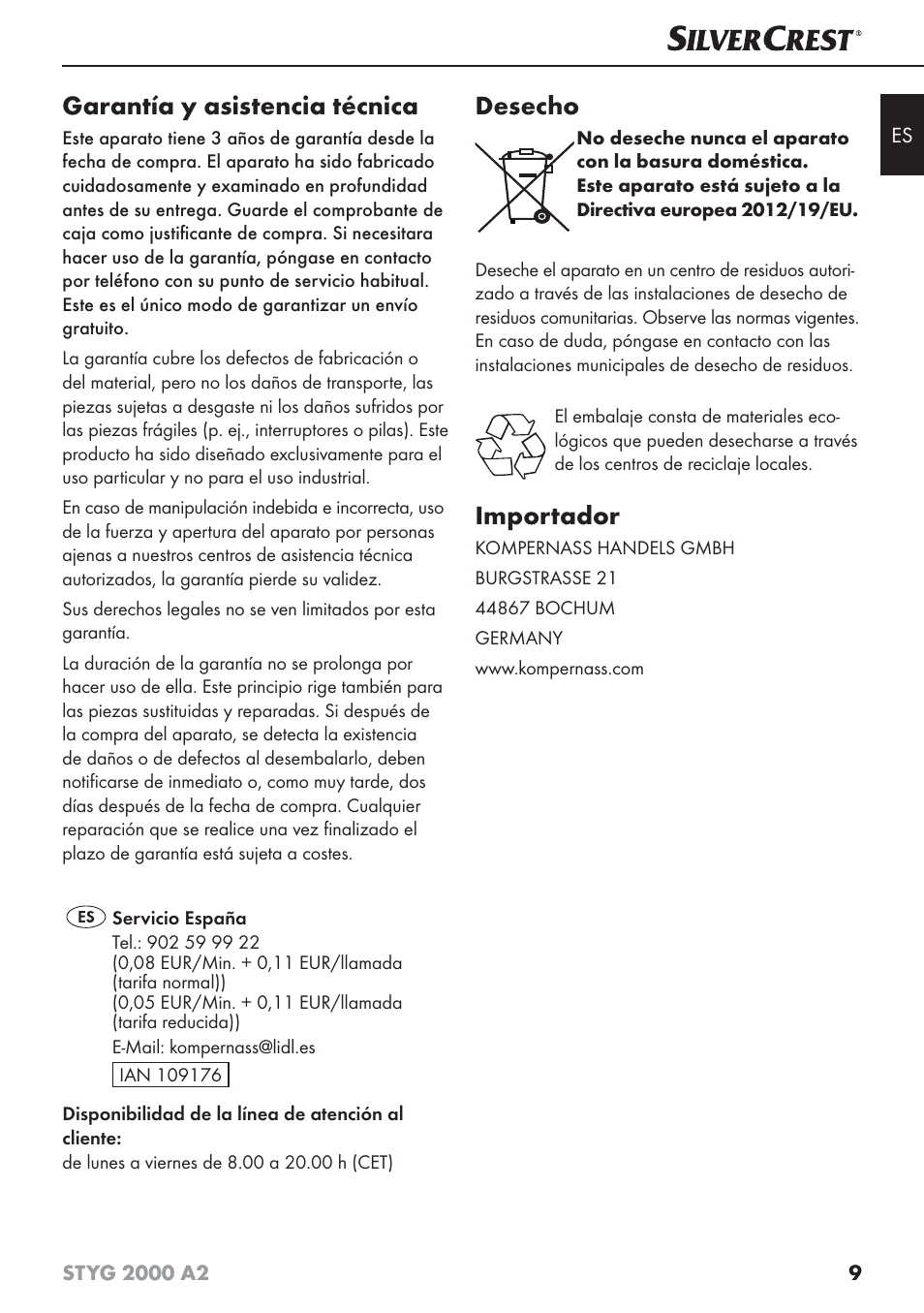 Garantía y asistencia técnica, Desecho, Importador | Silvercrest STYG 2000 A2 User Manual | Page 12 / 53