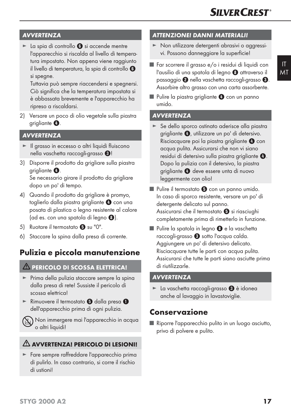 Pulizia e piccola manutenzione, Conservazione | Silvercrest STYG 2000 A2 User Manual | Page 20 / 53