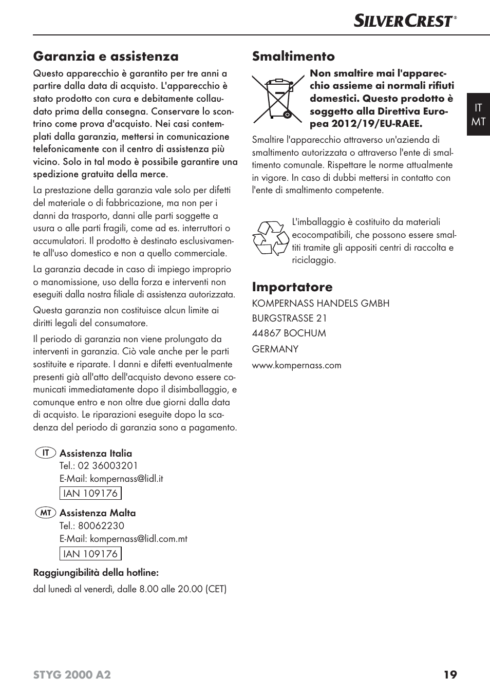 Garanzia e assistenza, Smaltimento, Importatore | Silvercrest STYG 2000 A2 User Manual | Page 22 / 53