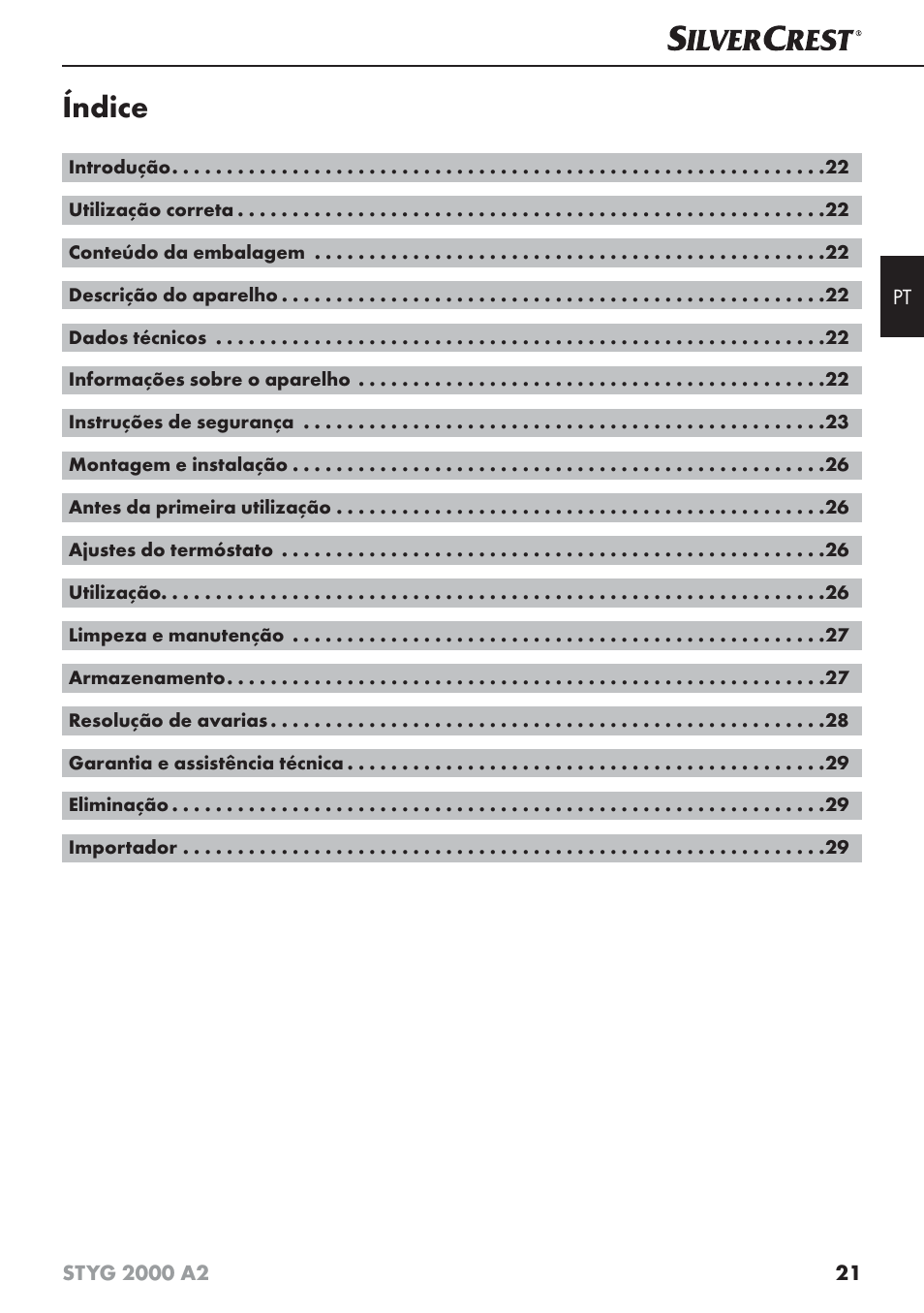 Índice | Silvercrest STYG 2000 A2 User Manual | Page 24 / 53