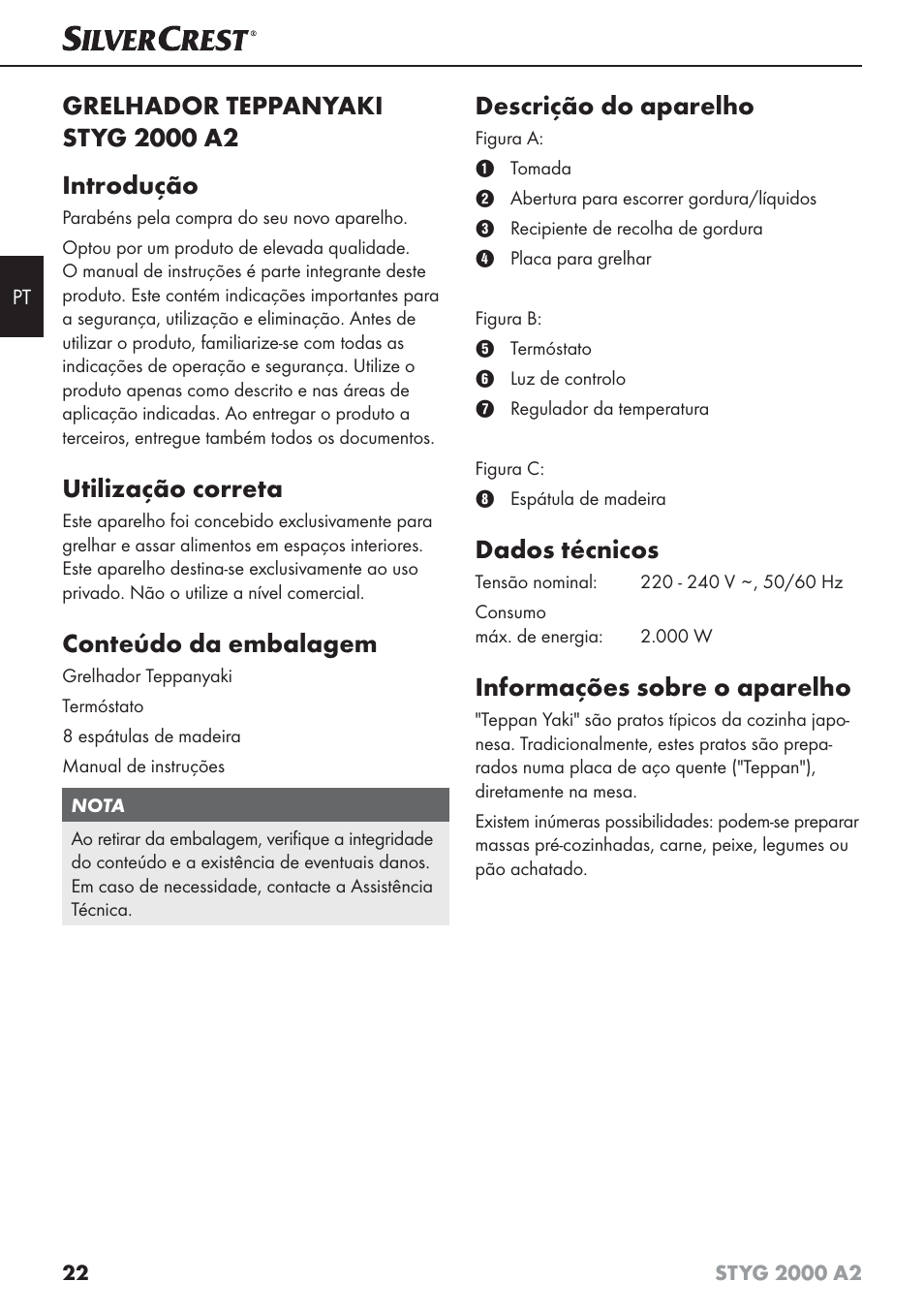 Utilização correta, Conteúdo da embalagem, Descrição do aparelho | Dados técnicos, Informações sobre o aparelho | Silvercrest STYG 2000 A2 User Manual | Page 25 / 53