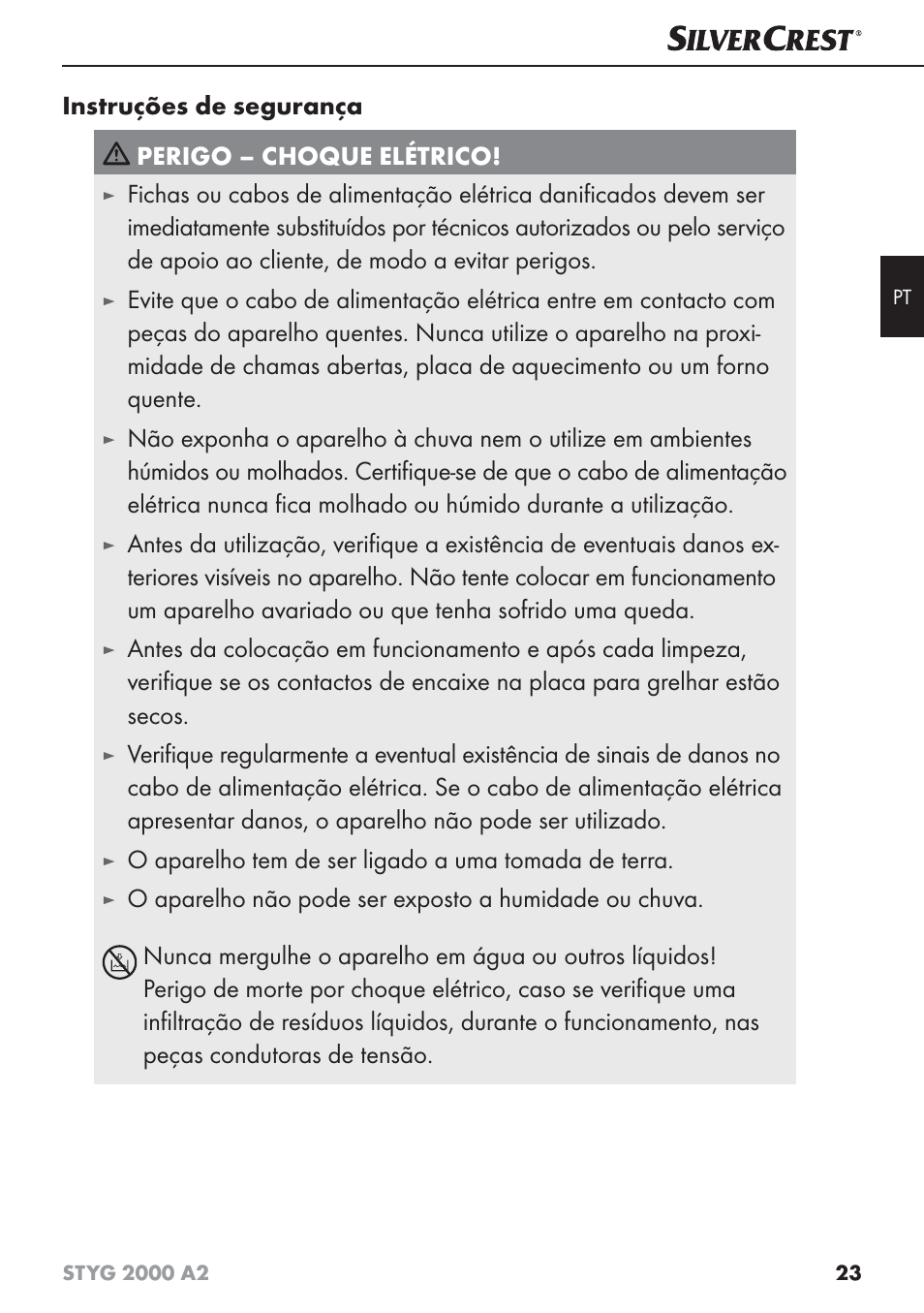 Instruções de segurança perigo – choque elétrico, O aparelho tem de ser ligado a uma tomada de terra | Silvercrest STYG 2000 A2 User Manual | Page 26 / 53