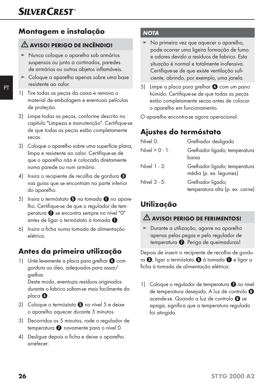 Montagem e instalação, Antes da primeira utilização, Ajustes do termóstato | Utilização | Silvercrest STYG 2000 A2 User Manual | Page 29 / 53