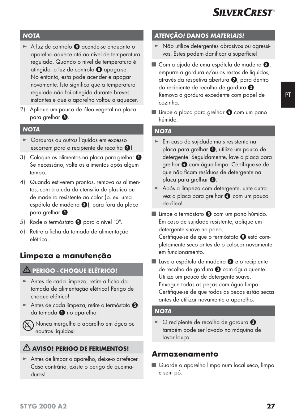 Limpeza e manutenção, Armazenamento | Silvercrest STYG 2000 A2 User Manual | Page 30 / 53