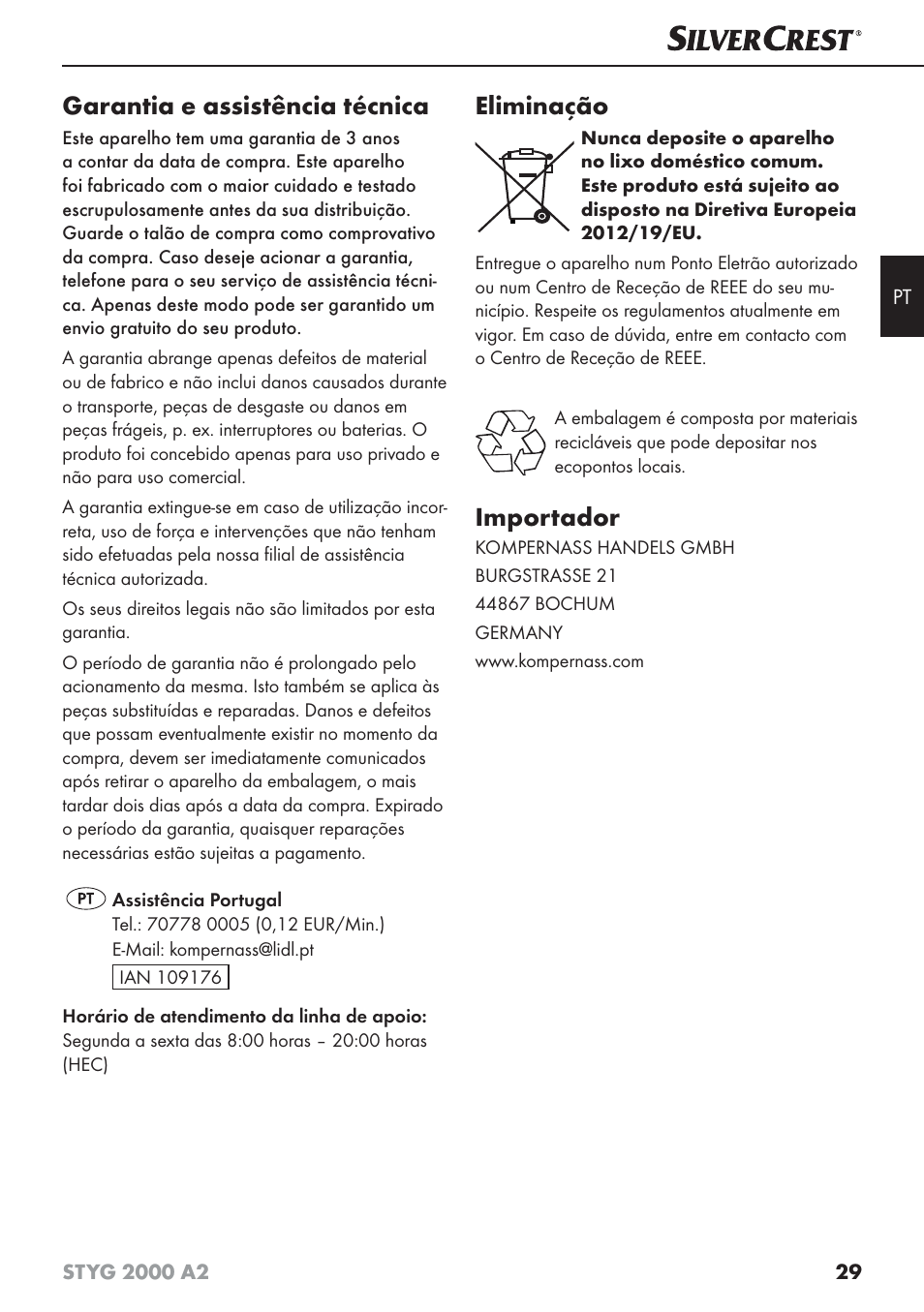 Garantia e assistência técnica, Eliminação, Importador | Silvercrest STYG 2000 A2 User Manual | Page 32 / 53