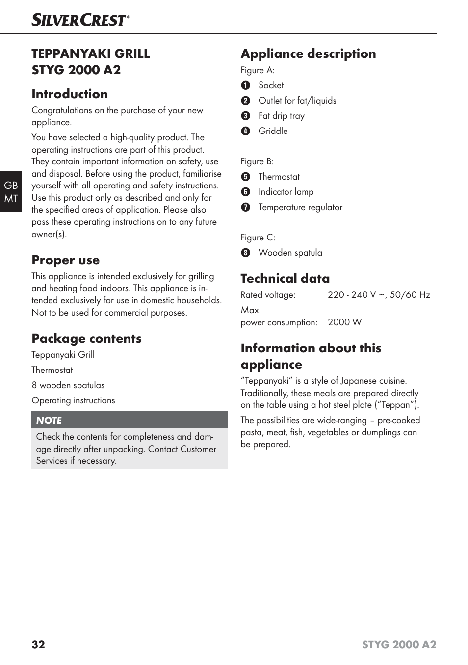 Proper use, Package contents, Appliance description | Technical data, Information about this appliance | Silvercrest STYG 2000 A2 User Manual | Page 35 / 53