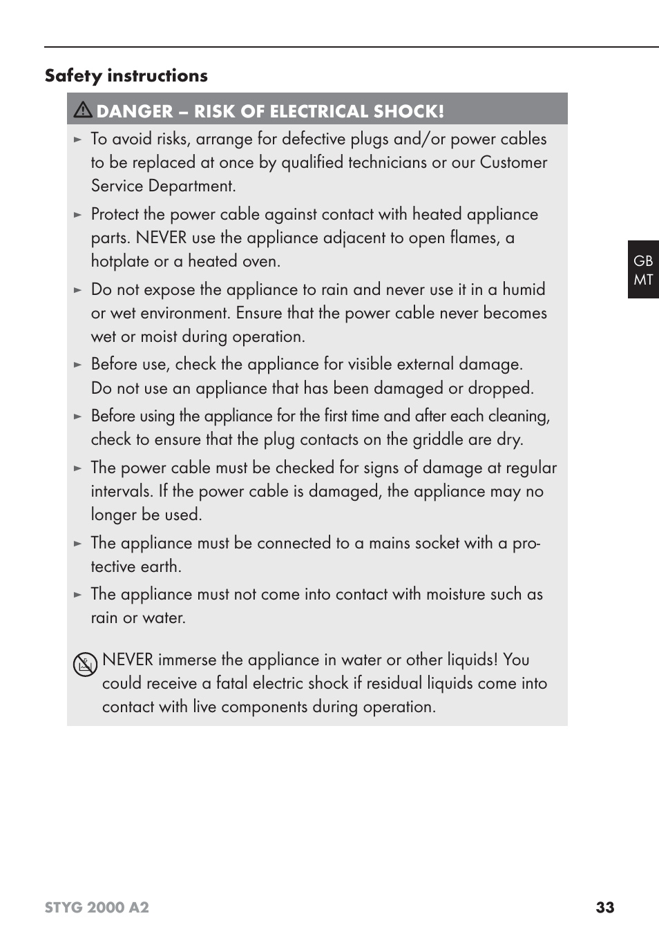 Safety instructions, Danger – risk of electrical shock | Silvercrest STYG 2000 A2 User Manual | Page 36 / 53