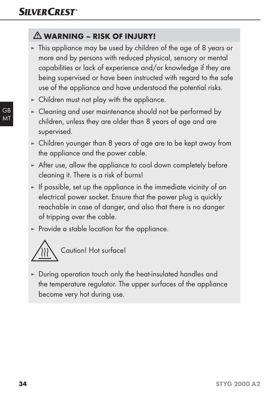 Warning – risk of injury, Children must not play with the appliance | Silvercrest STYG 2000 A2 User Manual | Page 37 / 53