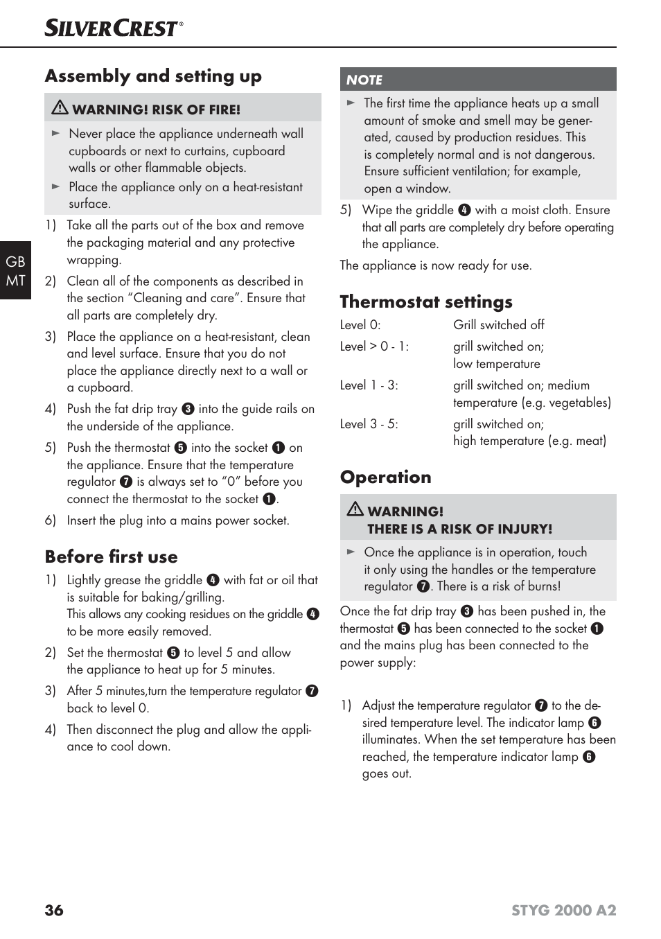 Assembly and setting up, Before ﬁ rst use, Thermostat settings | Operation | Silvercrest STYG 2000 A2 User Manual | Page 39 / 53
