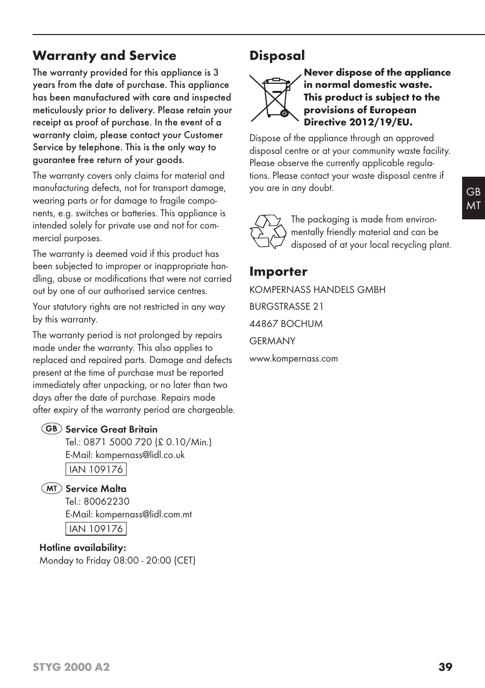Warranty and service, Disposal, Importer | Silvercrest STYG 2000 A2 User Manual | Page 42 / 53