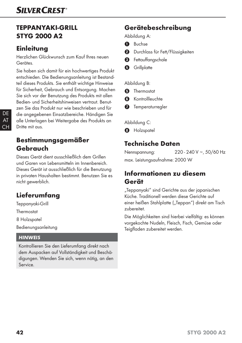 Bestimmungsgemäßer gebrauch, Lieferumfang, Gerätebeschreibung | Technische daten, Informationen zu diesem gerät | Silvercrest STYG 2000 A2 User Manual | Page 45 / 53