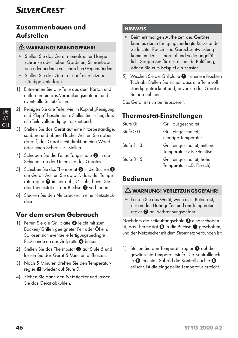 Zusammenbauen und aufstellen, Vor dem ersten gebrauch, Thermostat-einstellungen | Bedienen | Silvercrest STYG 2000 A2 User Manual | Page 49 / 53