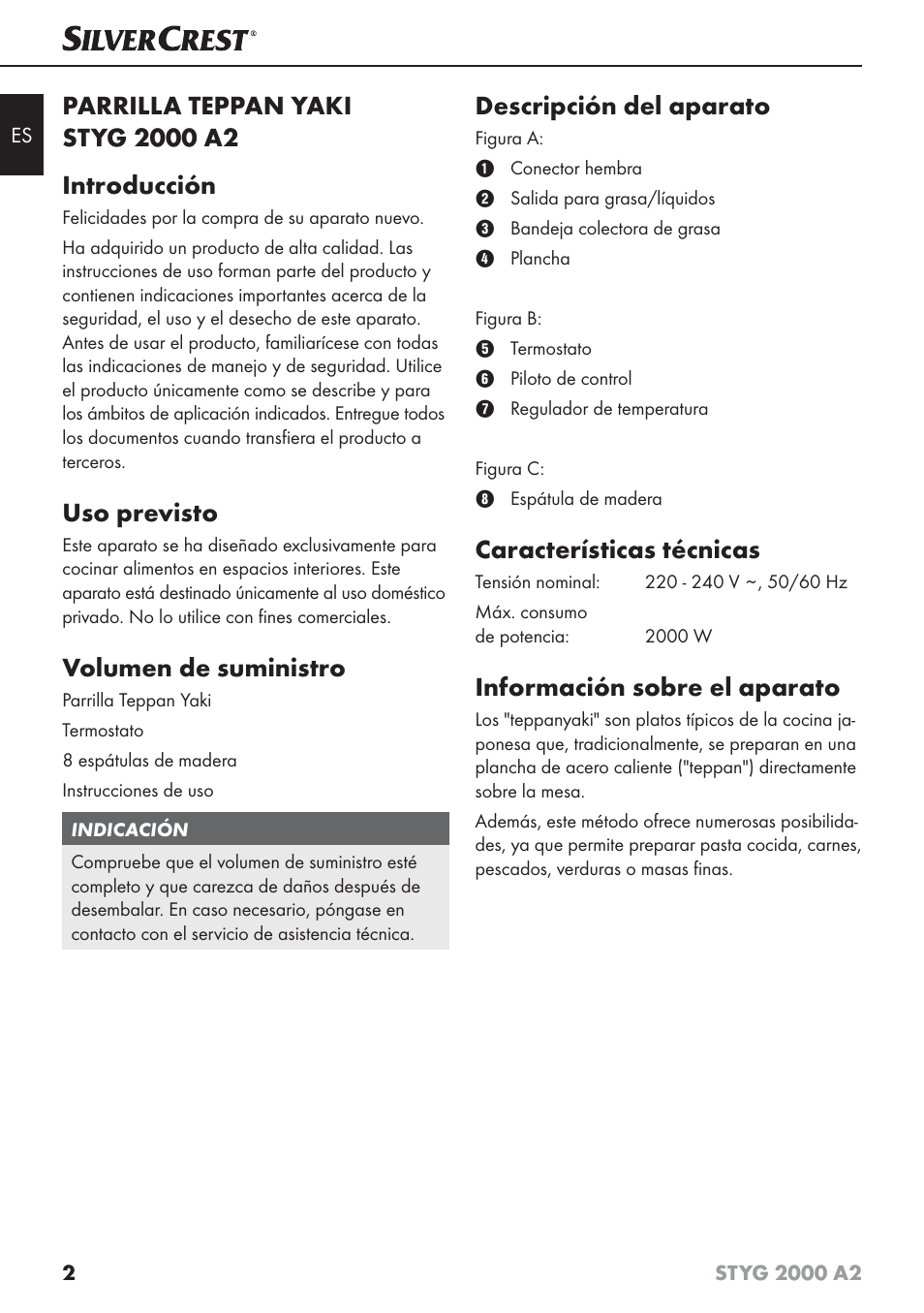 Uso previsto, Volumen de suministro, Descripción del aparato | Características técnicas, Información sobre el aparato | Silvercrest STYG 2000 A2 User Manual | Page 5 / 53