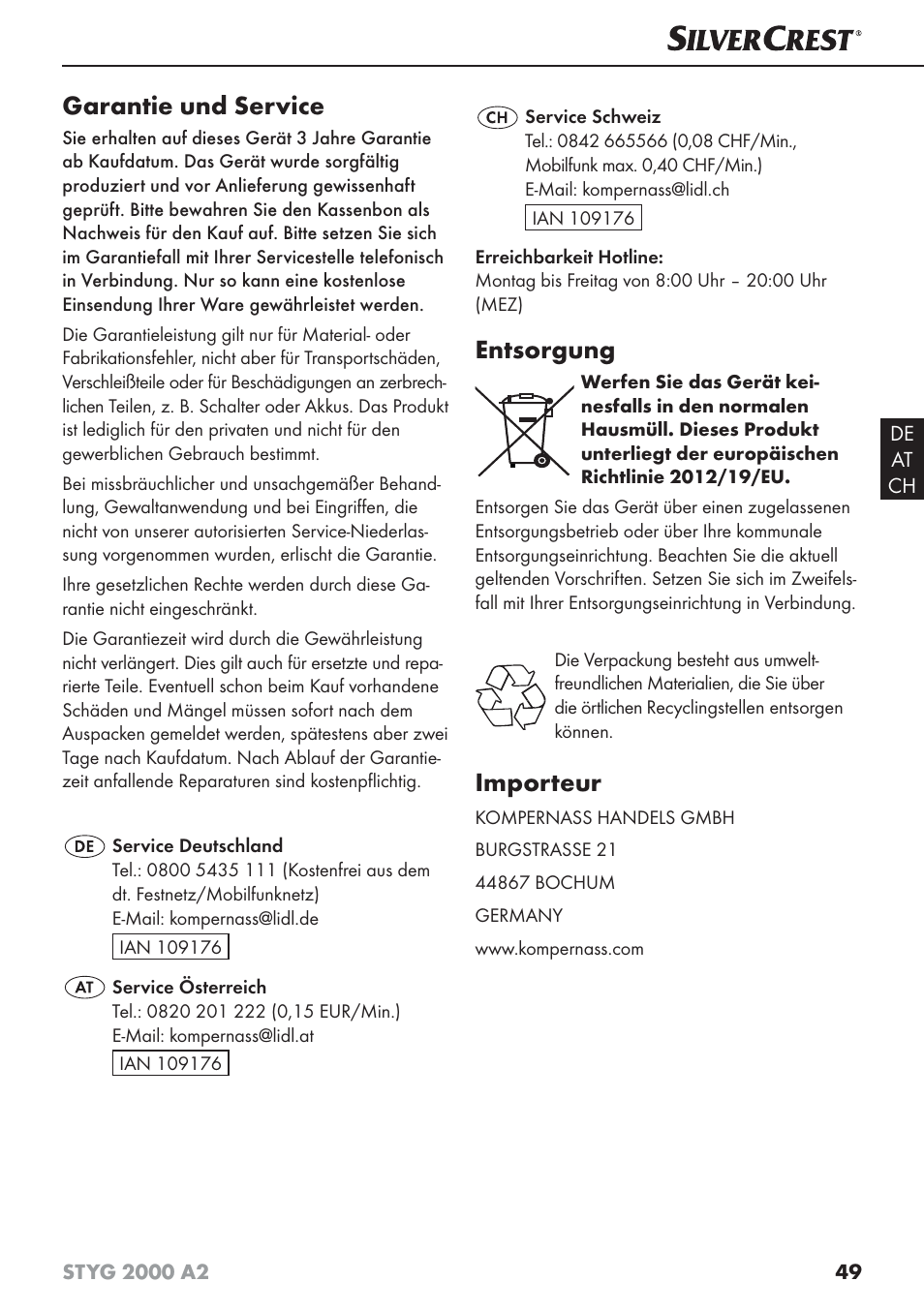 Garantie und service, Entsorgung, Importeur | Silvercrest STYG 2000 A2 User Manual | Page 52 / 53