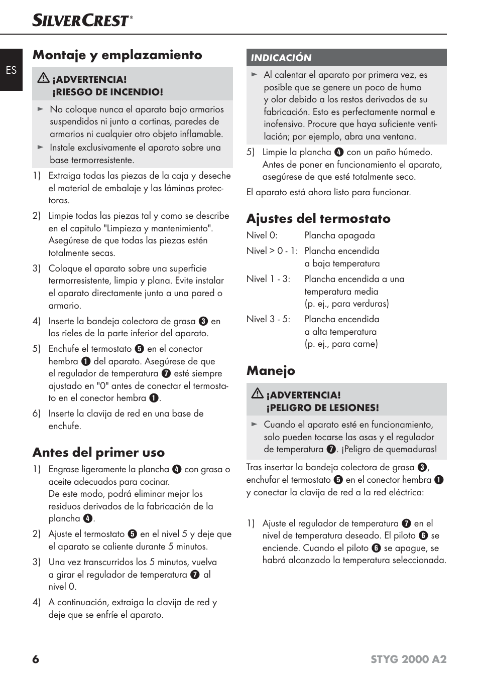 Montaje y emplazamiento, Antes del primer uso, Ajustes del termostato | Manejo | Silvercrest STYG 2000 A2 User Manual | Page 9 / 53