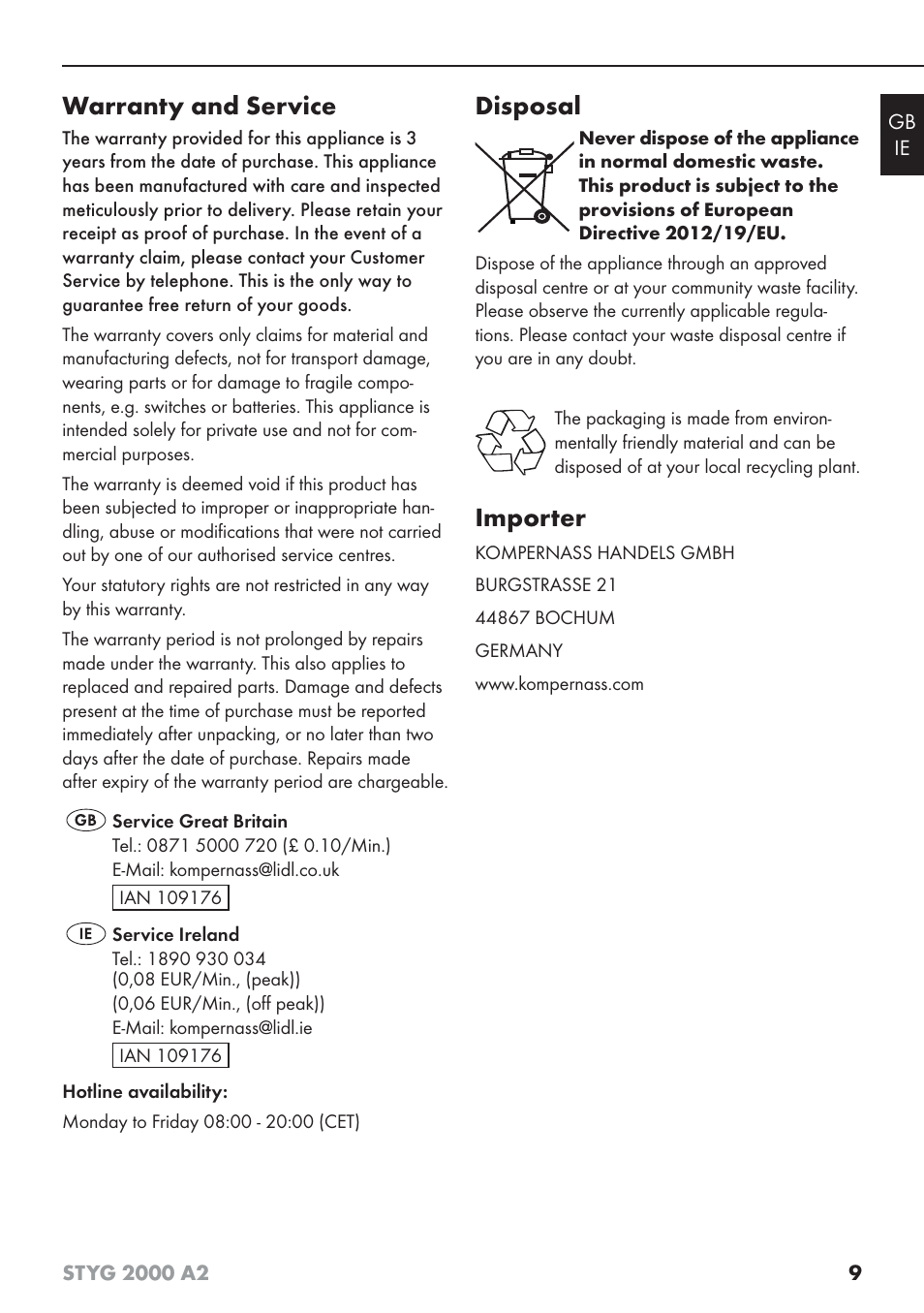 Warranty and service, Disposal, Importer | Silvercrest STYG 2000 A2 User Manual | Page 12 / 63