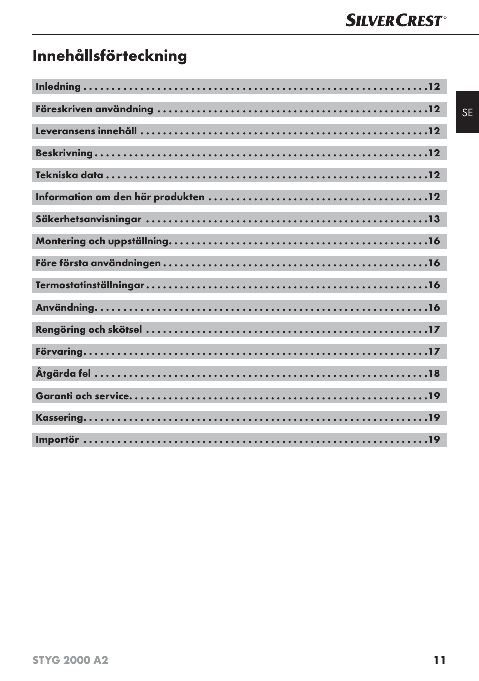 Innehållsförteckning | Silvercrest STYG 2000 A2 User Manual | Page 14 / 63