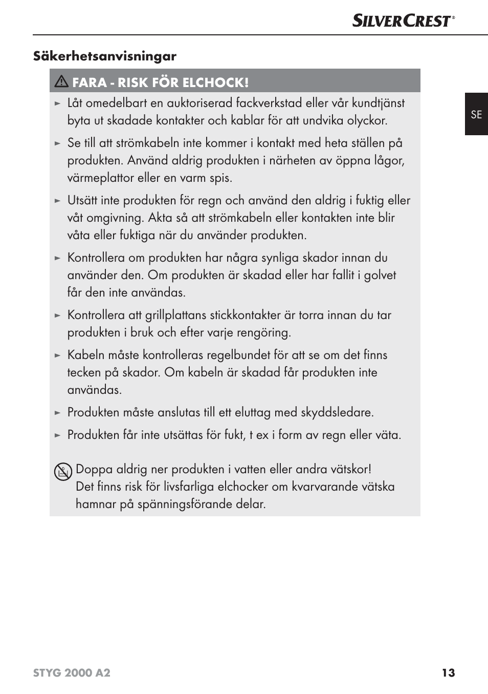 Säkerhetsanvisningar fara - risk för elchock | Silvercrest STYG 2000 A2 User Manual | Page 16 / 63