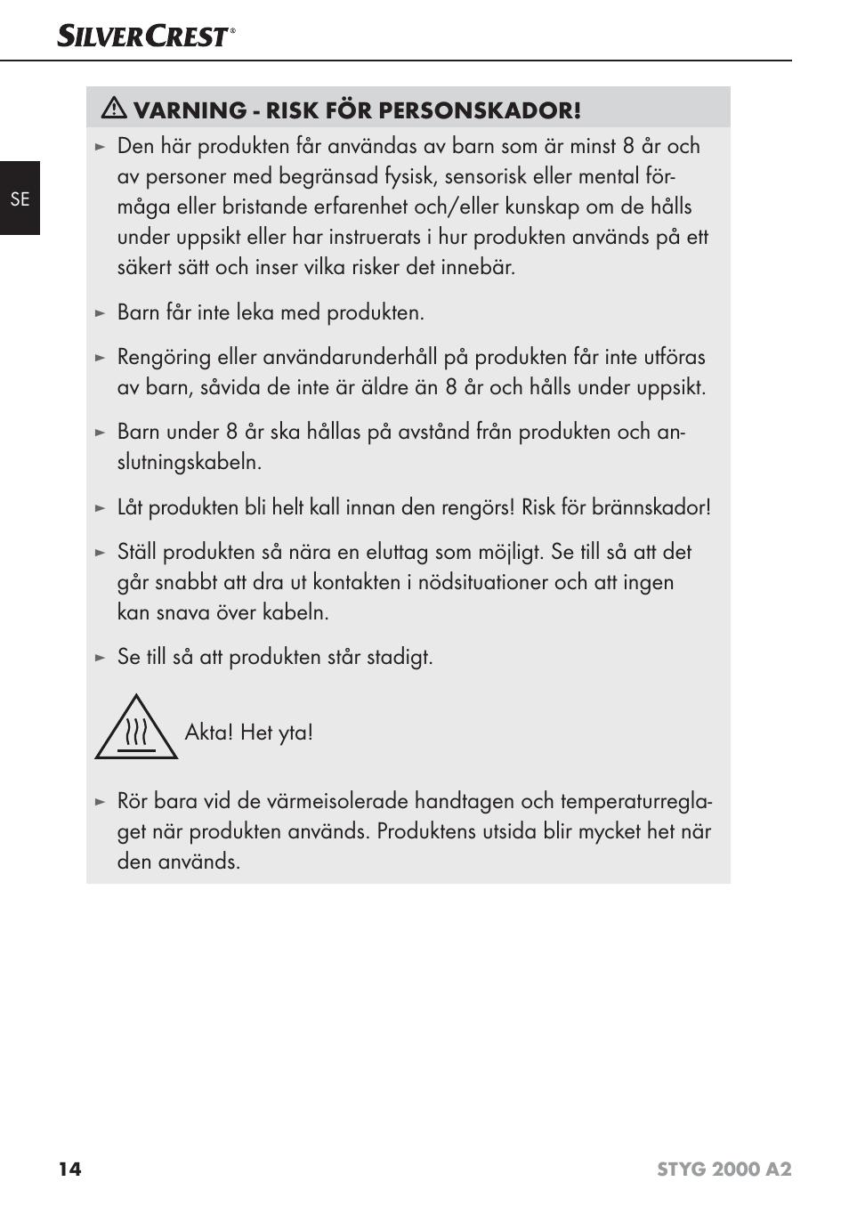 Varning - risk för personskador, Barn får inte leka med produkten | Silvercrest STYG 2000 A2 User Manual | Page 17 / 63