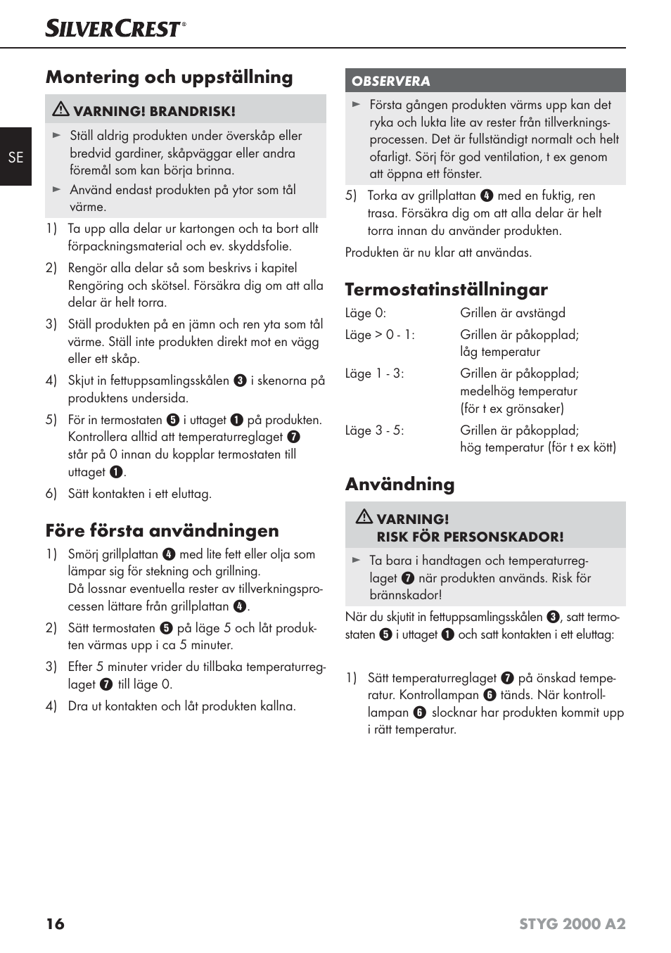 Montering och uppställning, Före första användningen, Termostatinställningar | Användning | Silvercrest STYG 2000 A2 User Manual | Page 19 / 63