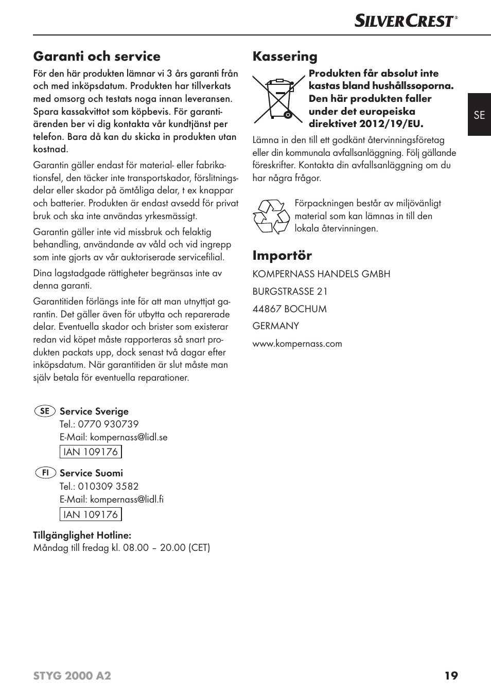 Garanti och service, Kassering, Importör | Silvercrest STYG 2000 A2 User Manual | Page 22 / 63