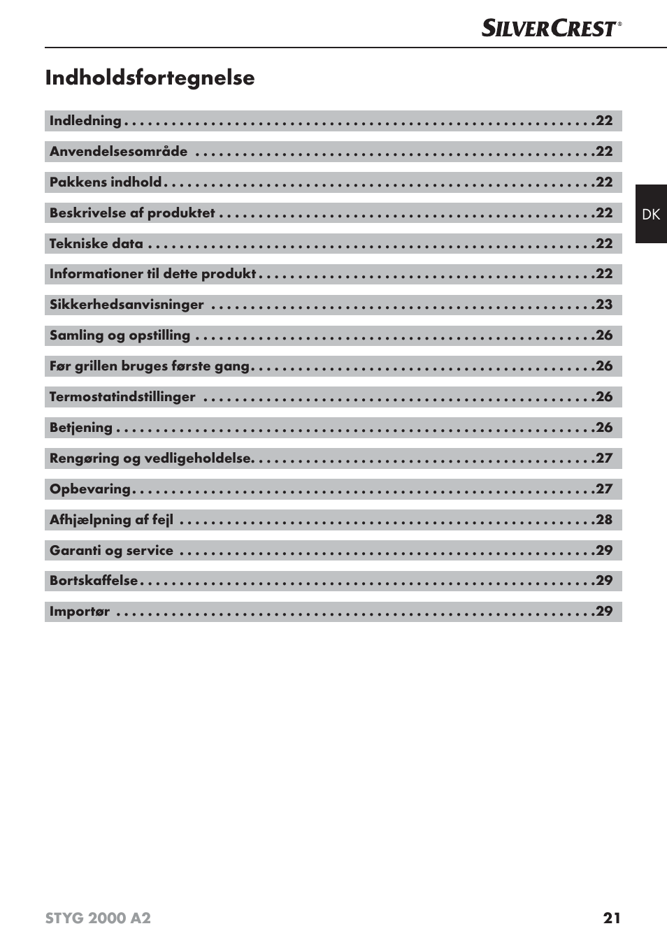 Indholdsfortegnelse | Silvercrest STYG 2000 A2 User Manual | Page 24 / 63